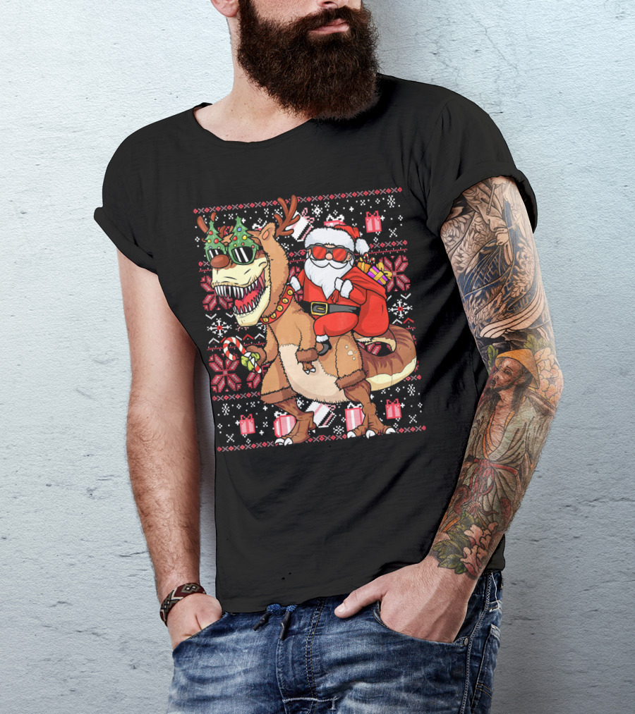 Santa Riding Trex Dinosaur Ugly Christmas T-Shirt