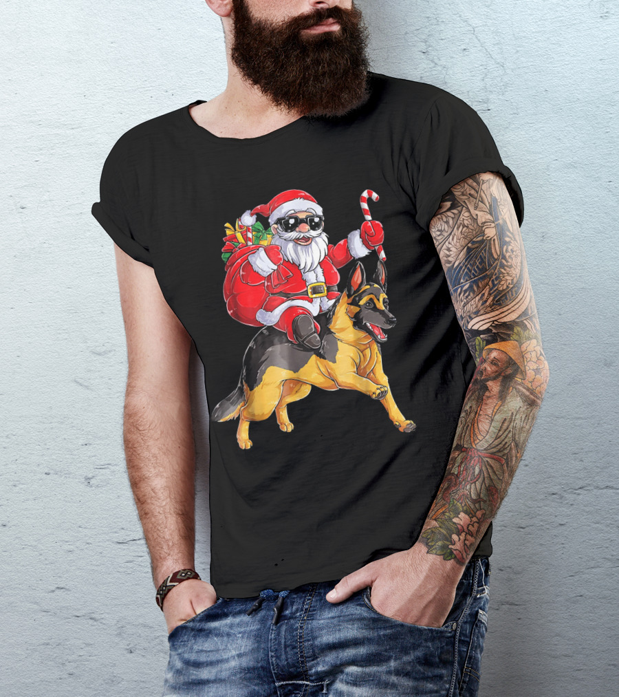 Santa Claus Riding German Shepherd With Candy Cane And Gifts T-Shirt