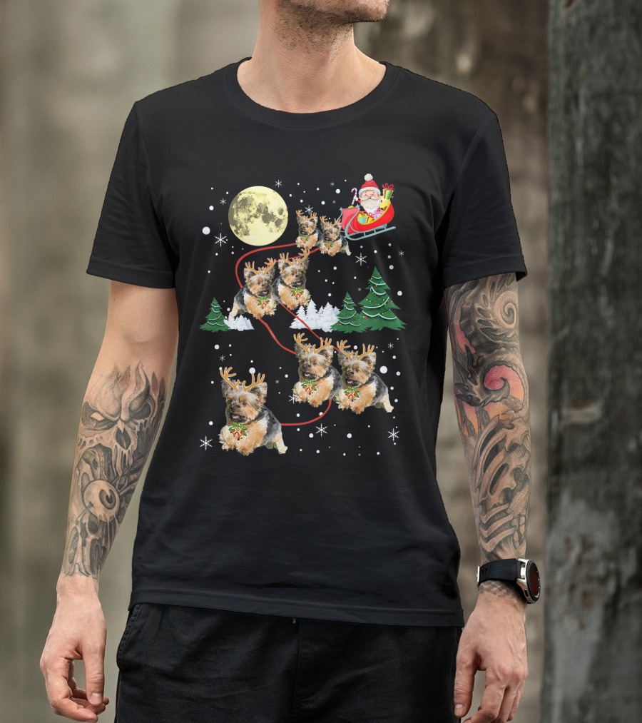 Funny Yorkie Christmas Santa Sleigh With Reindeer Puppies T-Shirt
