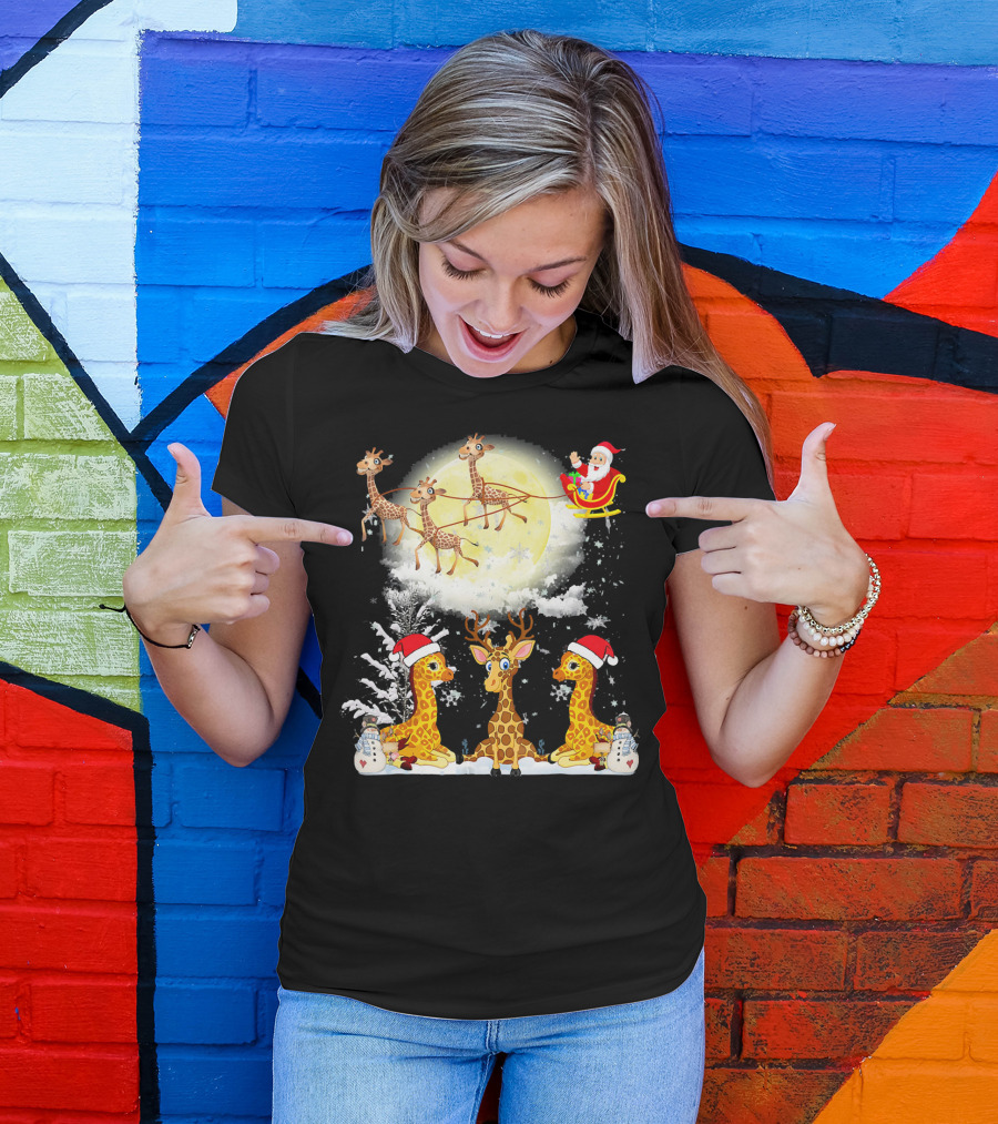 Santa's Sleigh Giraffes Christmas Moon Snowy Night Scene T-Shirt
