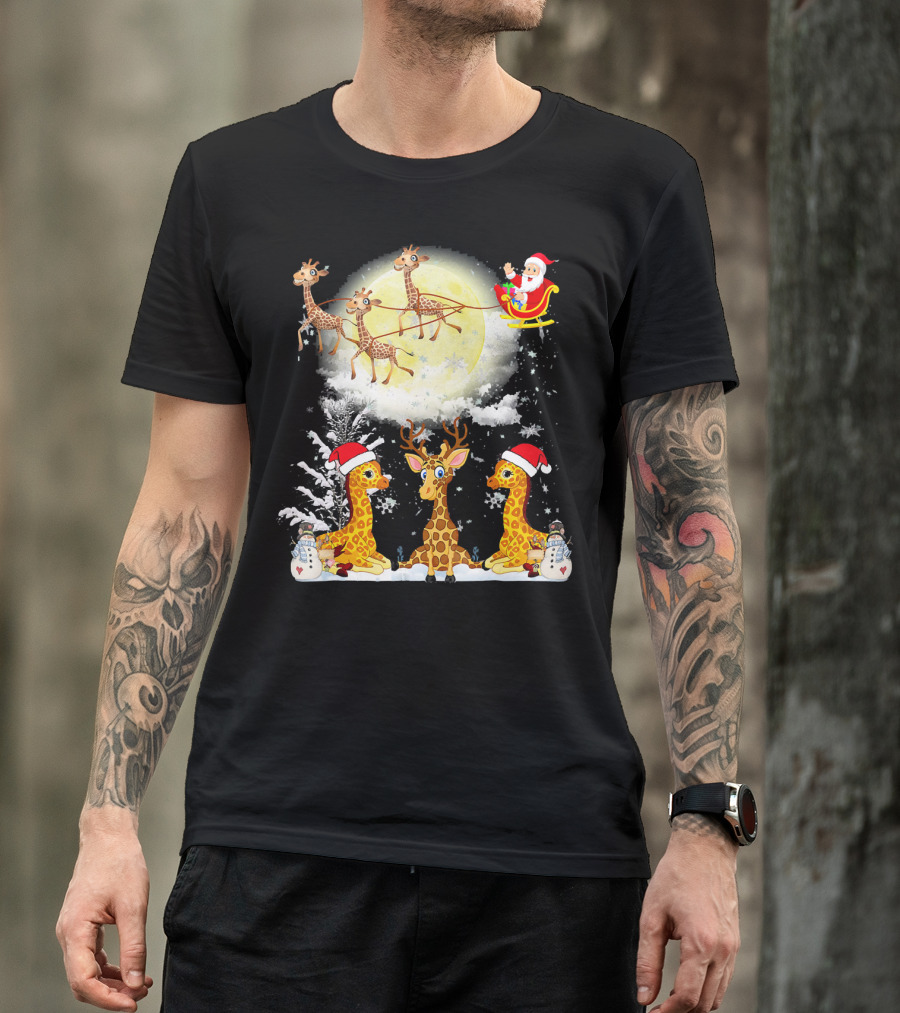 Santa's Sleigh Giraffes Christmas Moon Snowy Night Scene T-Shirt