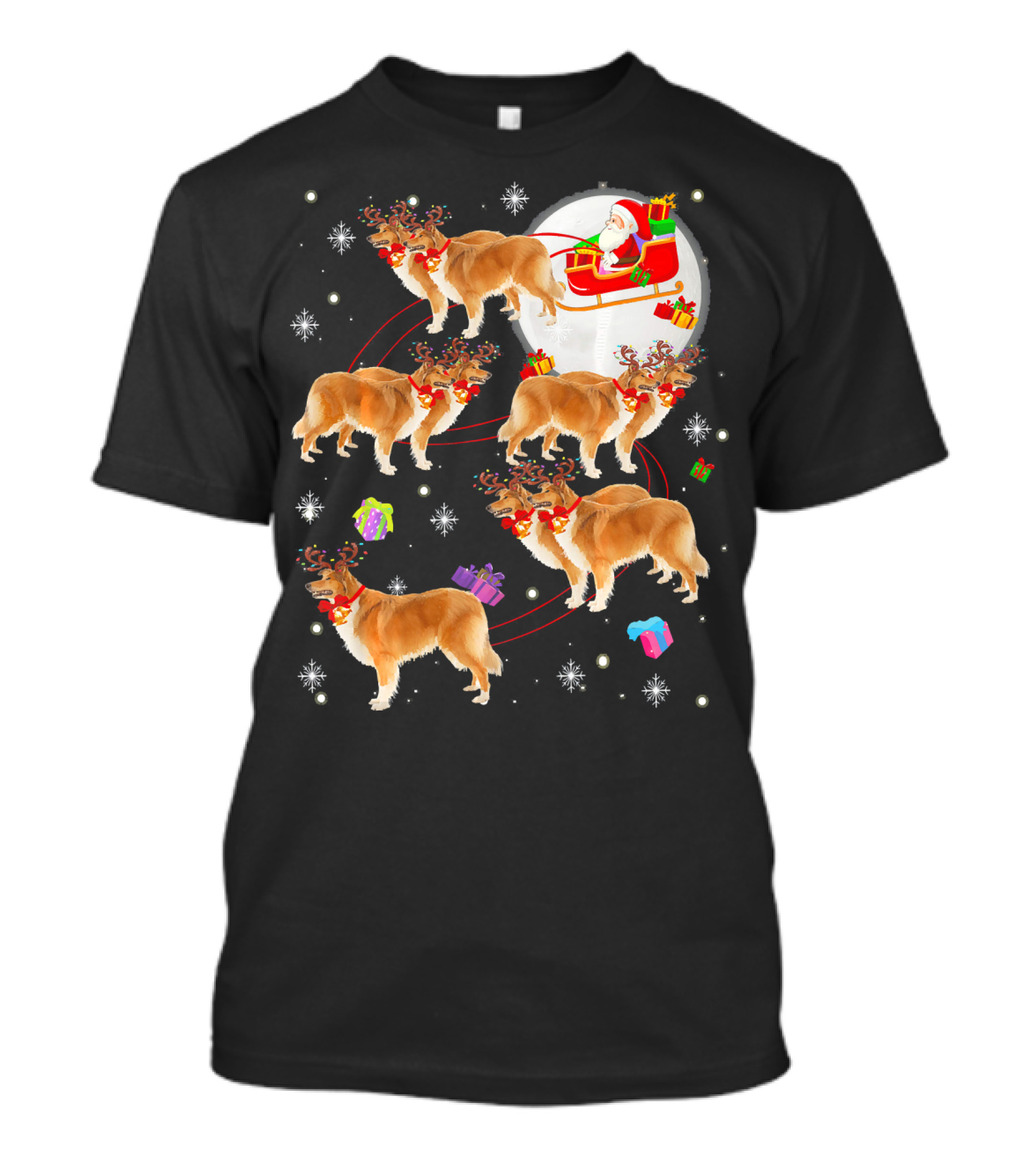 Rough Collie Reindeer Christmas Santa Sleigh Presents Snowflakes T-Shirt