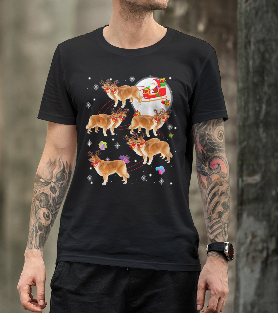 Rough Collie Reindeer Christmas Santa Sleigh Presents Snowflakes T-Shirt