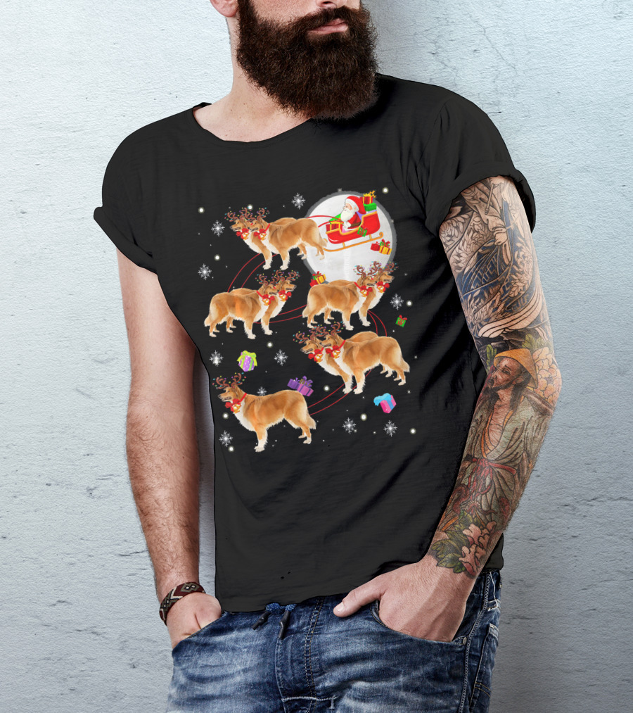 Rough Collie Reindeer Christmas Santa Sleigh Presents Snowflakes T-Shirt