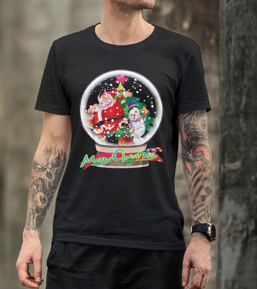 Merry Christmas Snow Globe Santa And Snowman Fun T-Shirt