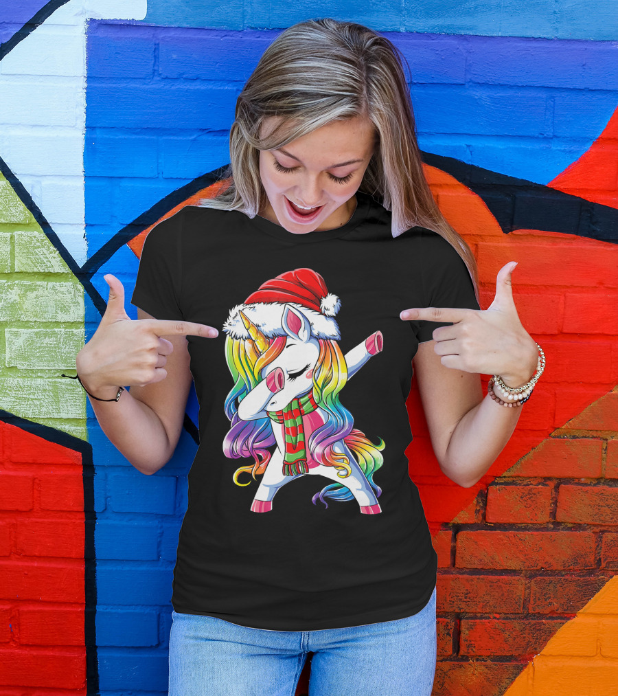 Dabbing Unicorn In Santa Hat With Rainbow Mane And Scarf For Christmas Girls T-Shirt