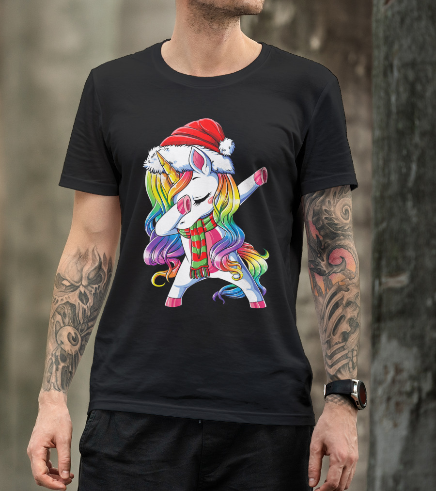 Dabbing Unicorn In Santa Hat With Rainbow Mane And Scarf For Christmas Girls T-Shirt