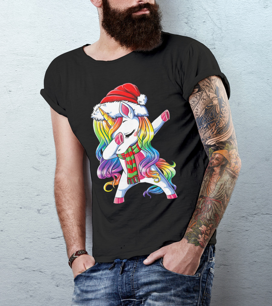 Dabbing Unicorn In Santa Hat With Rainbow Mane And Scarf For Christmas Girls T-Shirt