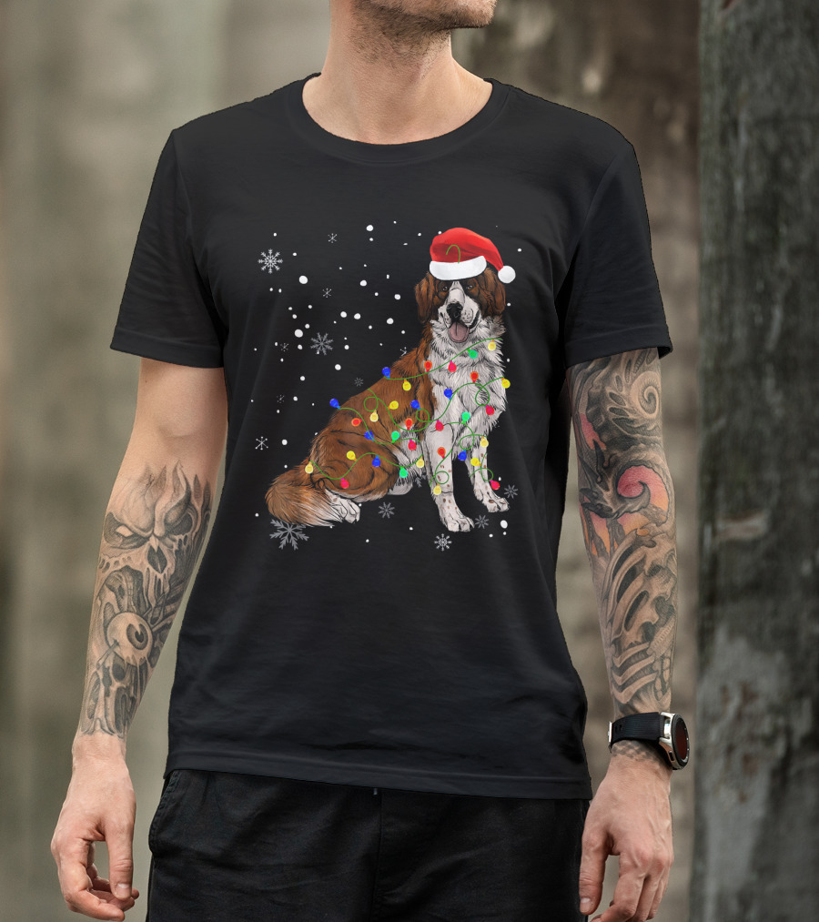 Bernard Dog Christmas Lights Santa Hat Snowflakes T-Shirt