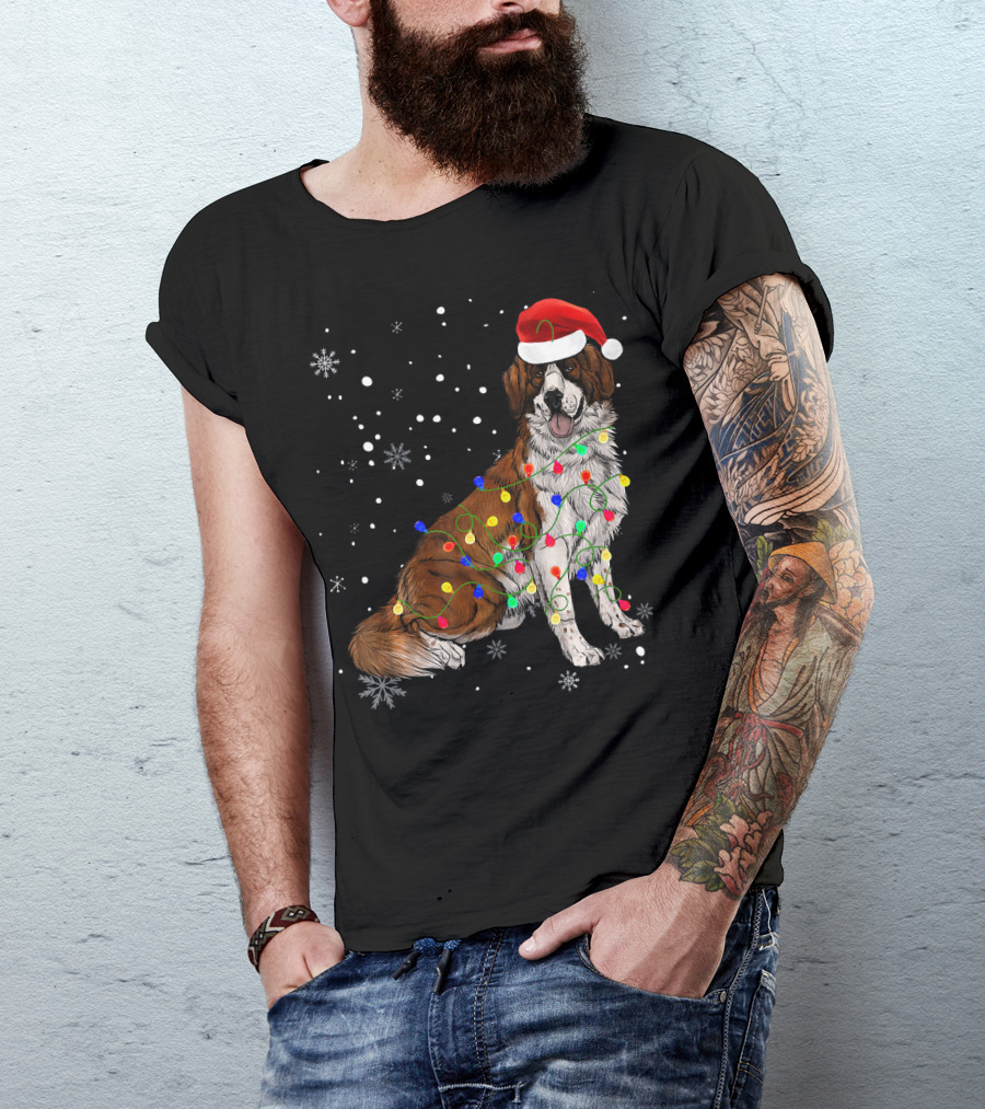 Bernard Dog Christmas Lights Santa Hat Snowflakes T-Shirt