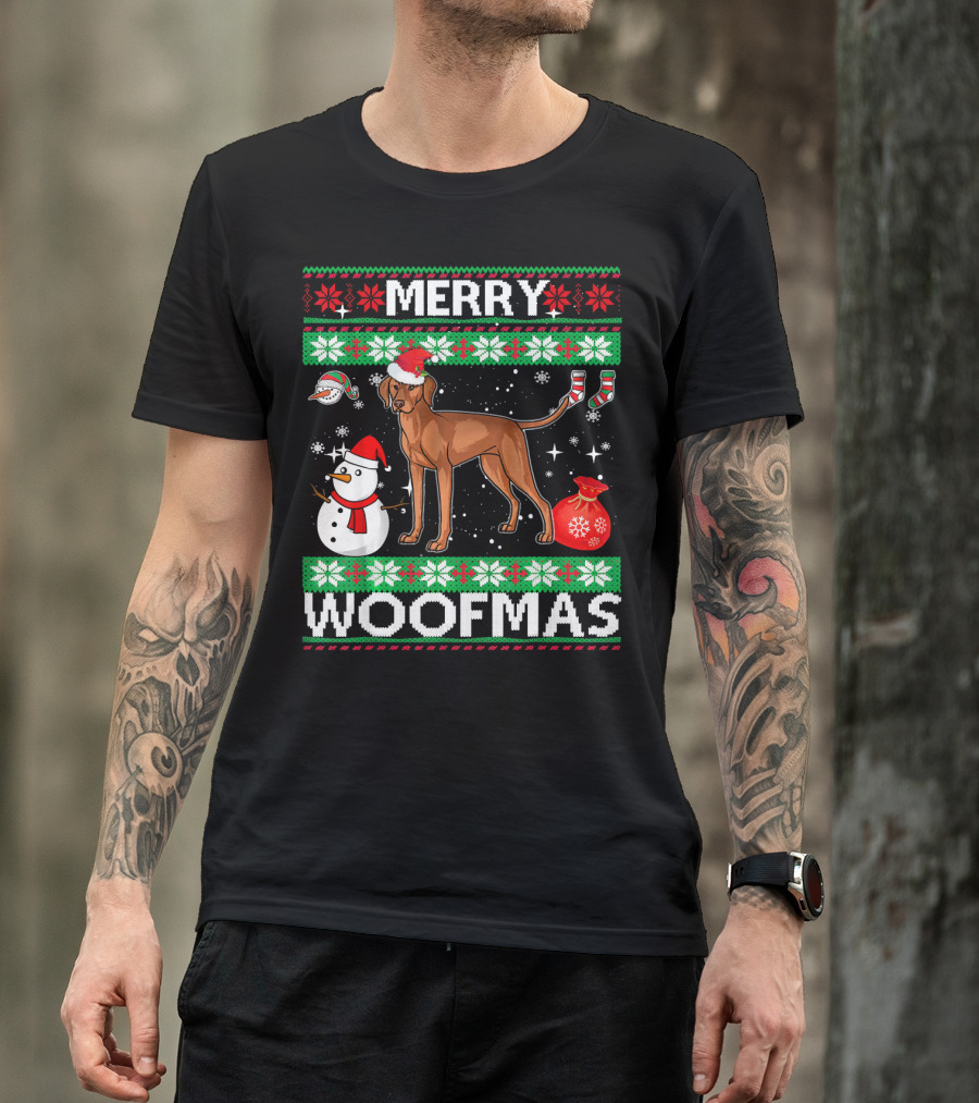 Merry Woofmas Vizsla Dog Festive Snowman Santa Hat T-Shirt