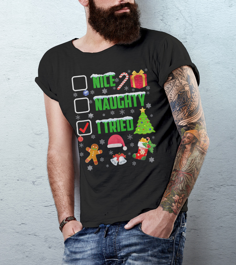 I Tried Nice Naughty Christmas Humor Candy Cane Gingerbread Santa Hat T-Shirt