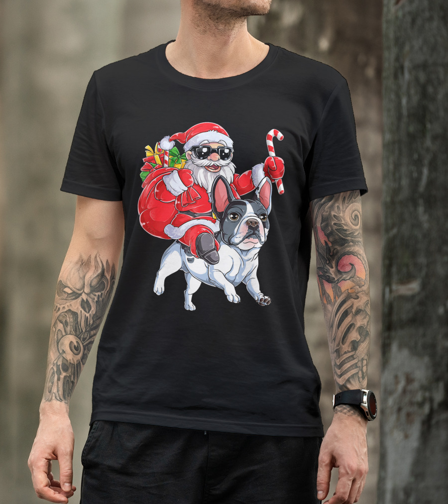 French Bulldog Christmas Santa Claus Cane Sleigh T-Shirt