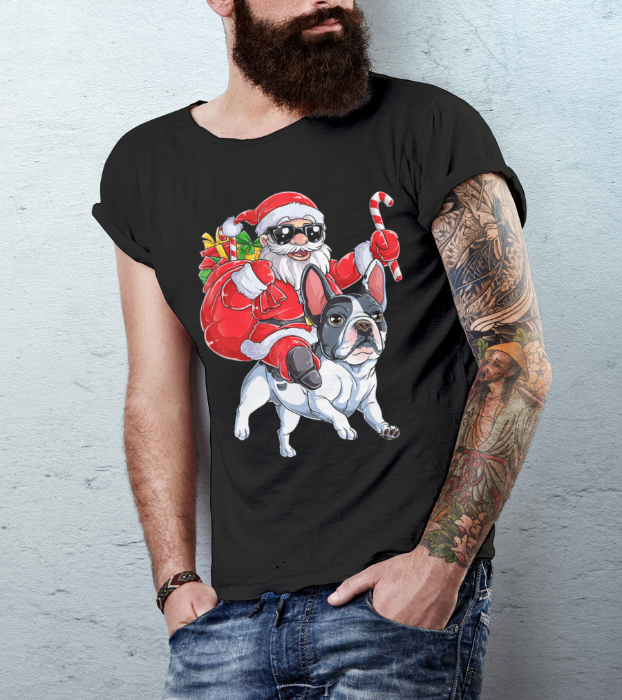 French Bulldog Christmas Santa Claus Cane Sleigh T-Shirt
