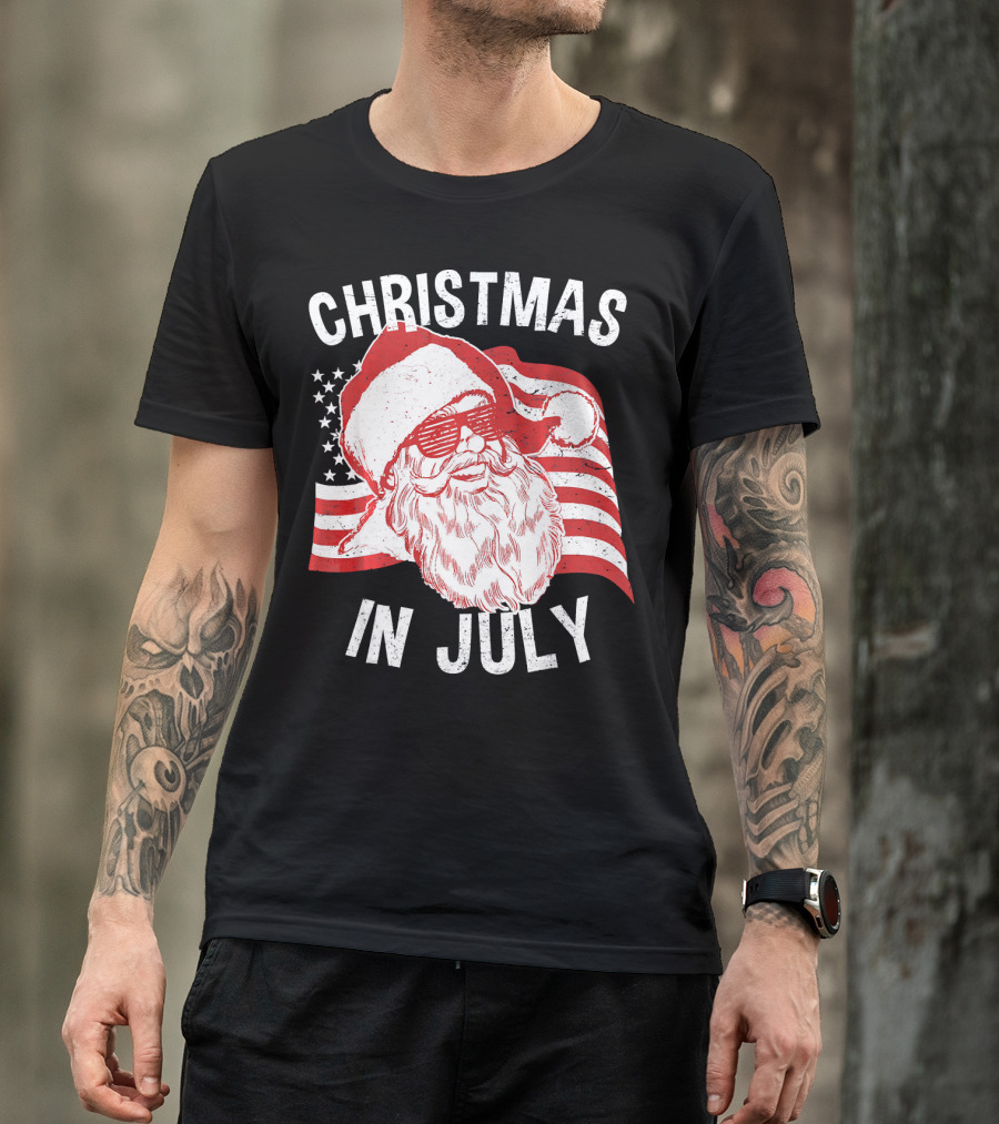 Christmas In July Retro Hipster Santa With American Flag And Shades T-Shirt