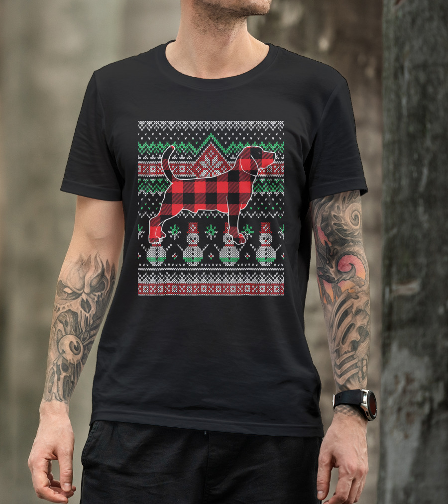 Beagle Red Plaid Christmas Dog Sweater Snowman T-Shirt