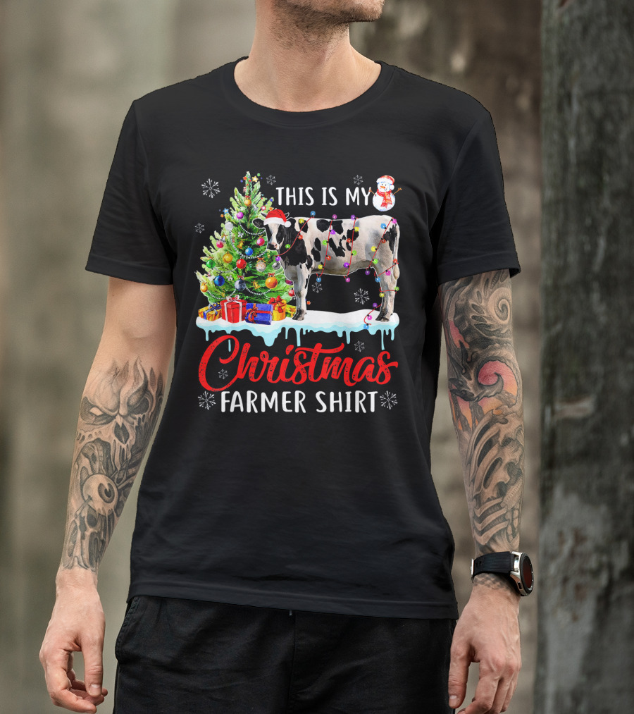 This Is My Christmas Farmer Shirt Cow Santa Hat Snowman Lights Tree T-Shirt