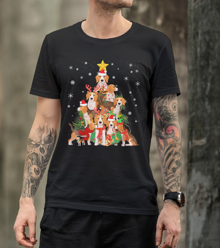 Beagles Christmas Tree With Festive Santa Hats And Reindeer Antlers T-Shirt