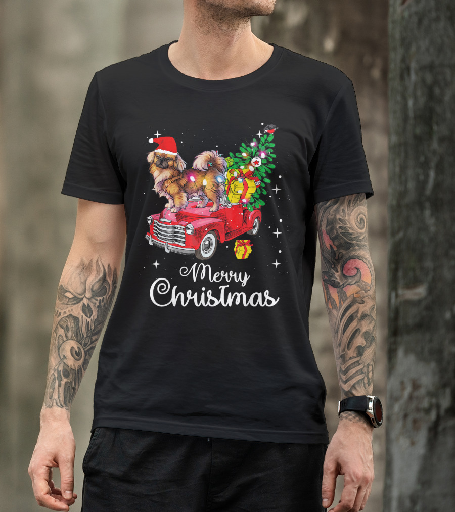 Merry Christmas Pekingese Rides Red Truck With Santa Hat And Holiday Gifts T-Shirt