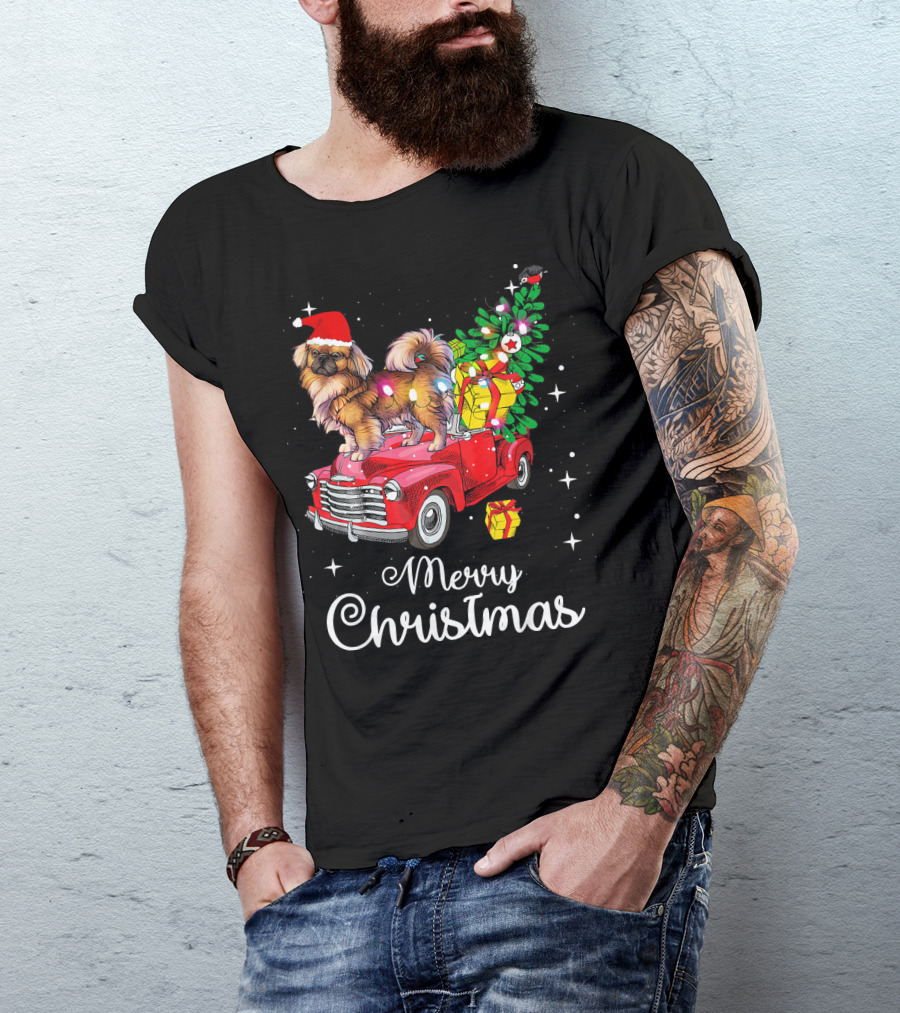 Merry Christmas Pekingese Rides Red Truck With Santa Hat And Holiday Gifts T-Shirt