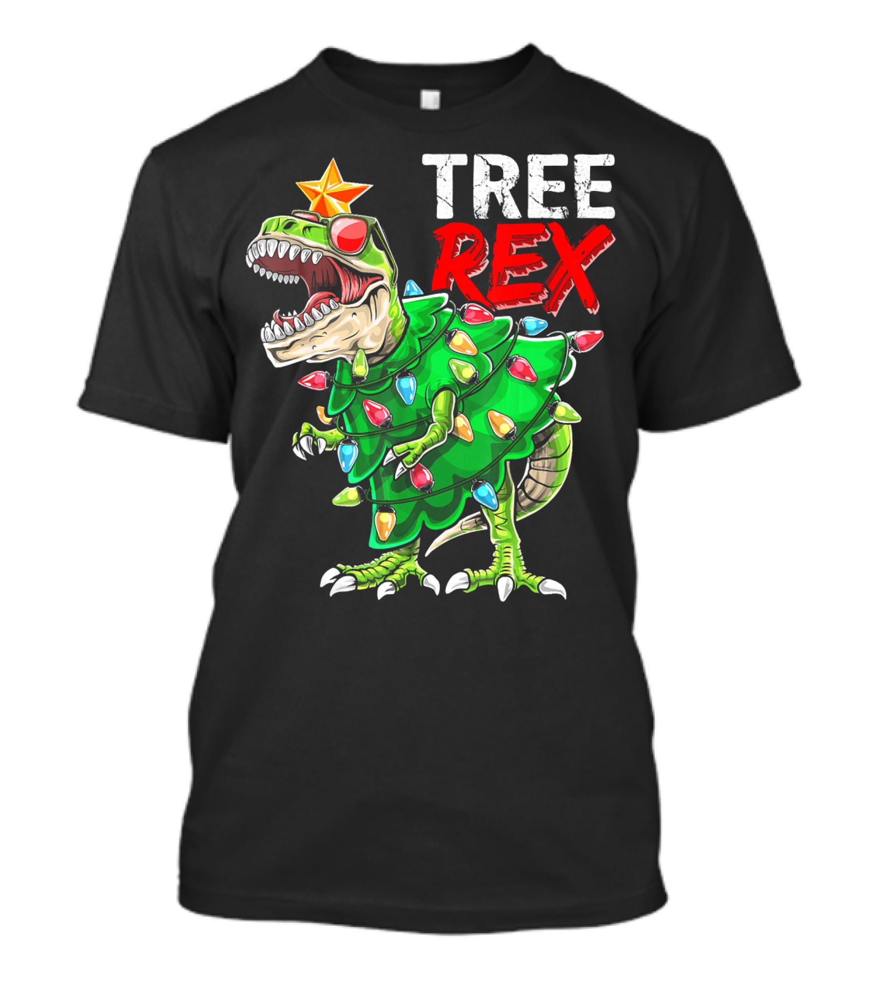 Tree Rex Dinosaur Christmas Tree With Festive Lights And Star T-Shirt