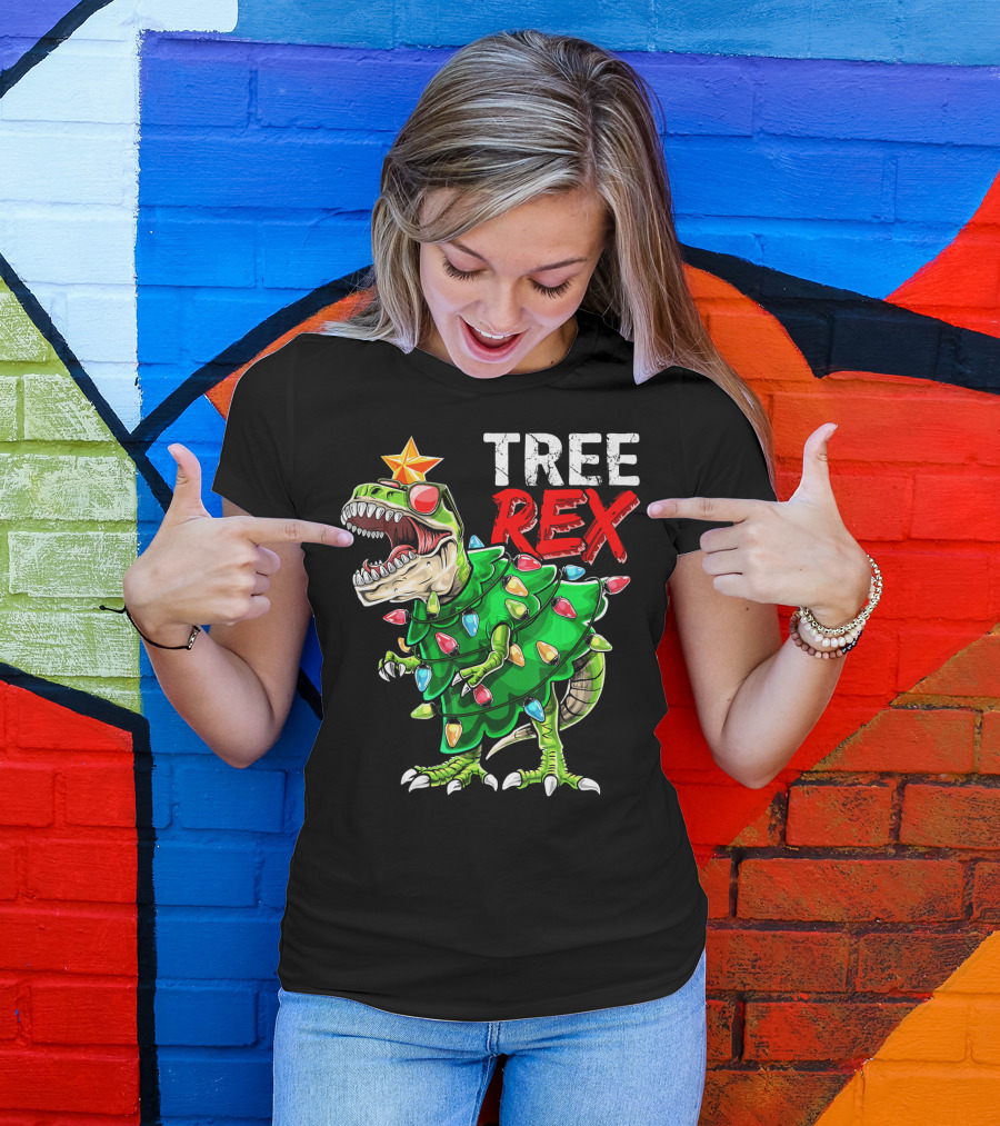 Tree Rex Dinosaur Christmas Tree With Festive Lights And Star T-Shirt