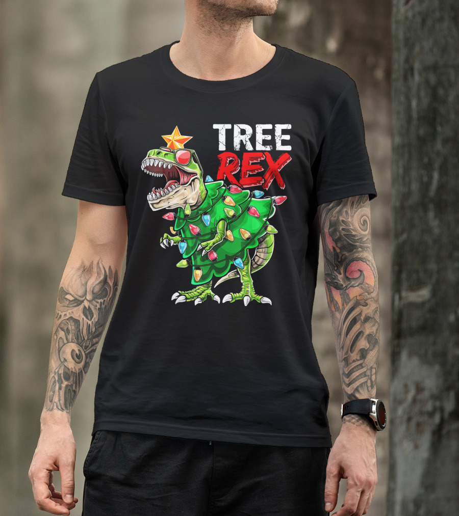 Tree Rex Dinosaur Christmas Tree With Festive Lights And Star T-Shirt