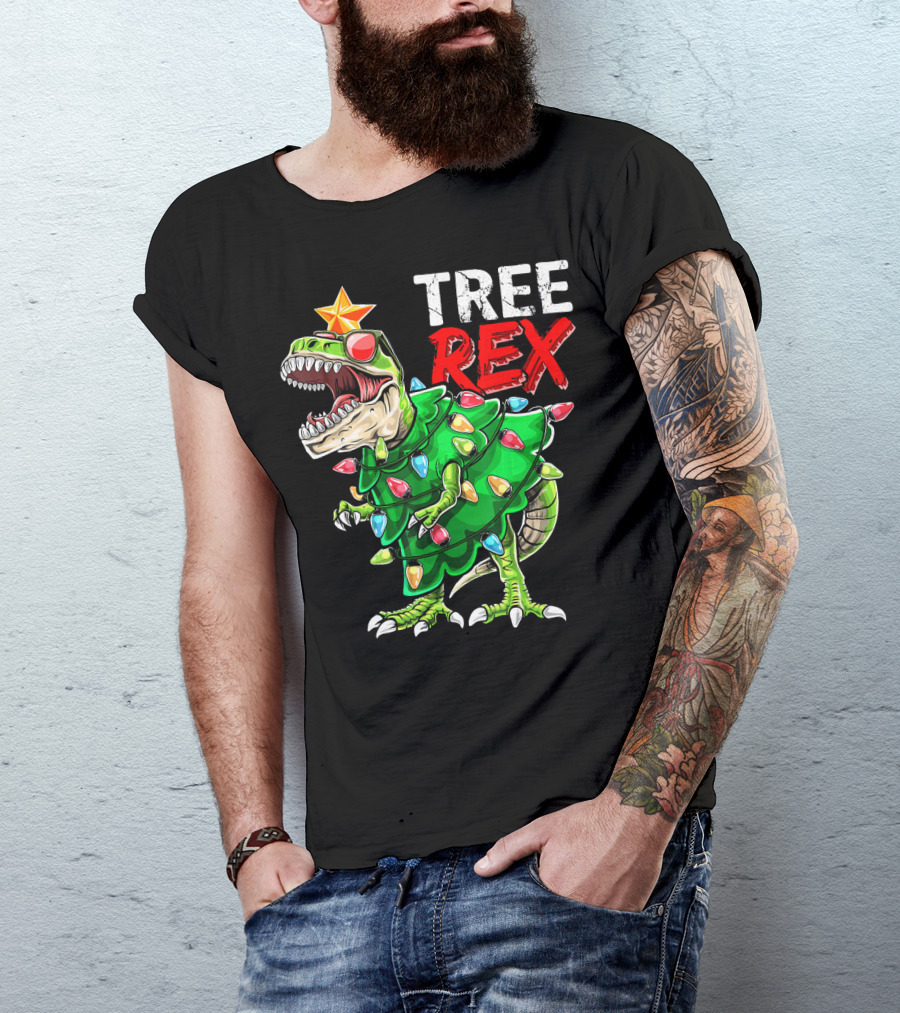 Tree Rex Dinosaur Christmas Tree With Festive Lights And Star T-Shirt