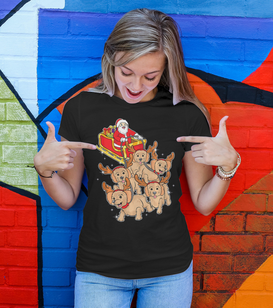 Santa Riding Sleigh With Adorable Goldendoodles As Reindeer T-Shirt