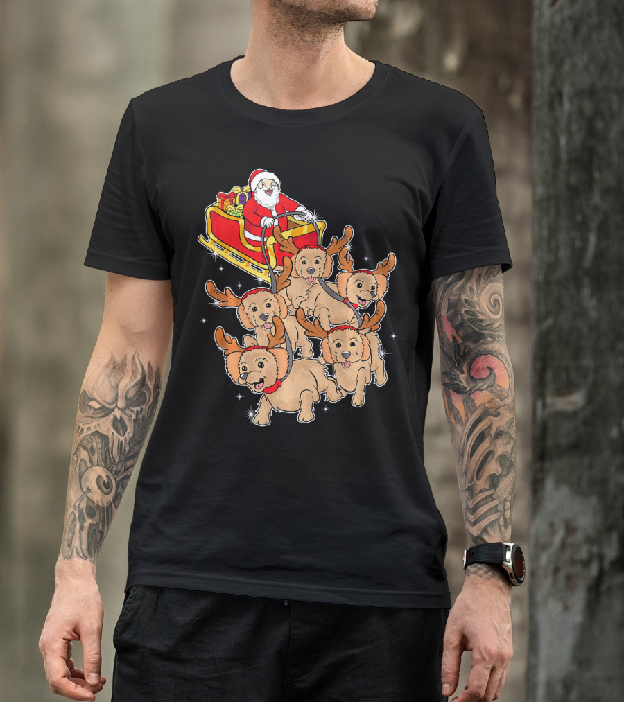 Santa Riding Sleigh With Adorable Goldendoodles As Reindeer T-Shirt