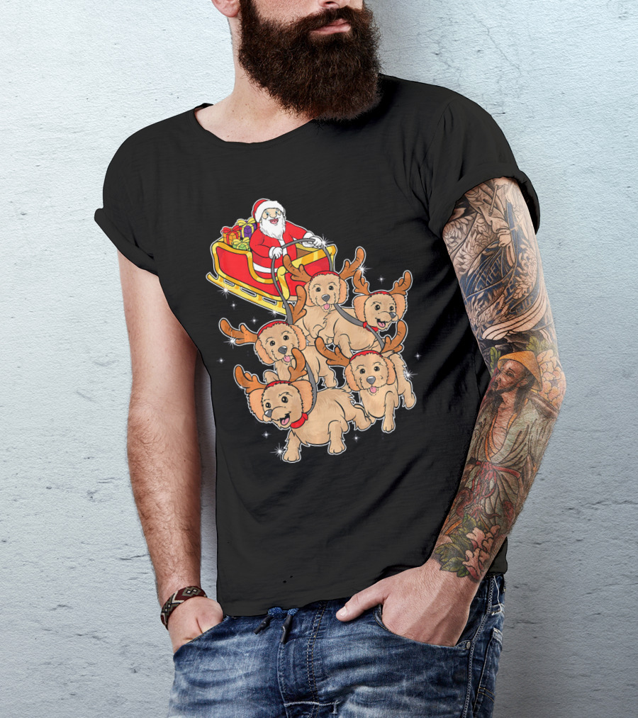 Santa Riding Sleigh With Adorable Goldendoodles As Reindeer T-Shirt