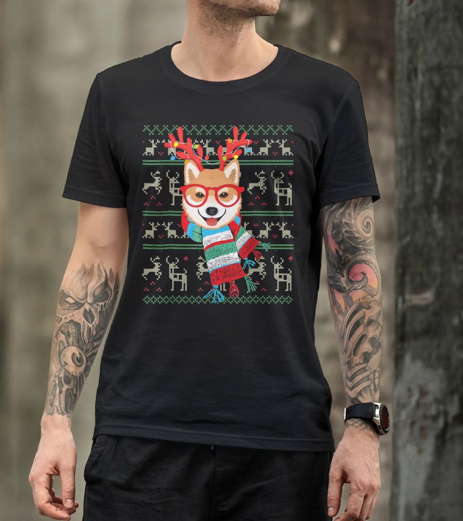 Shiba Inu With Reindeer Antlers And Festive Scarf Lights T-Shirt