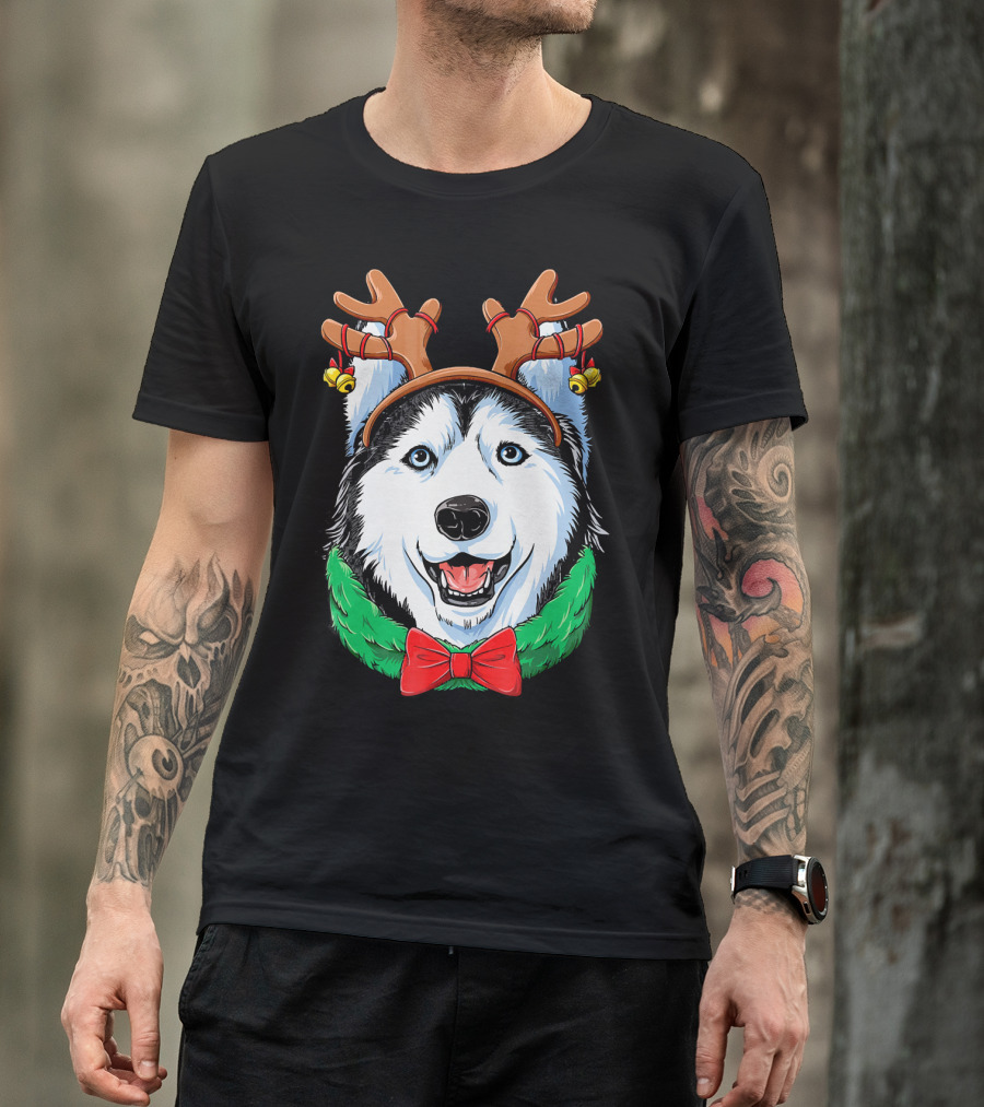 Siberian Husky With Reindeer Antlers Christmas Wreath Bow And Bells T-Shirt