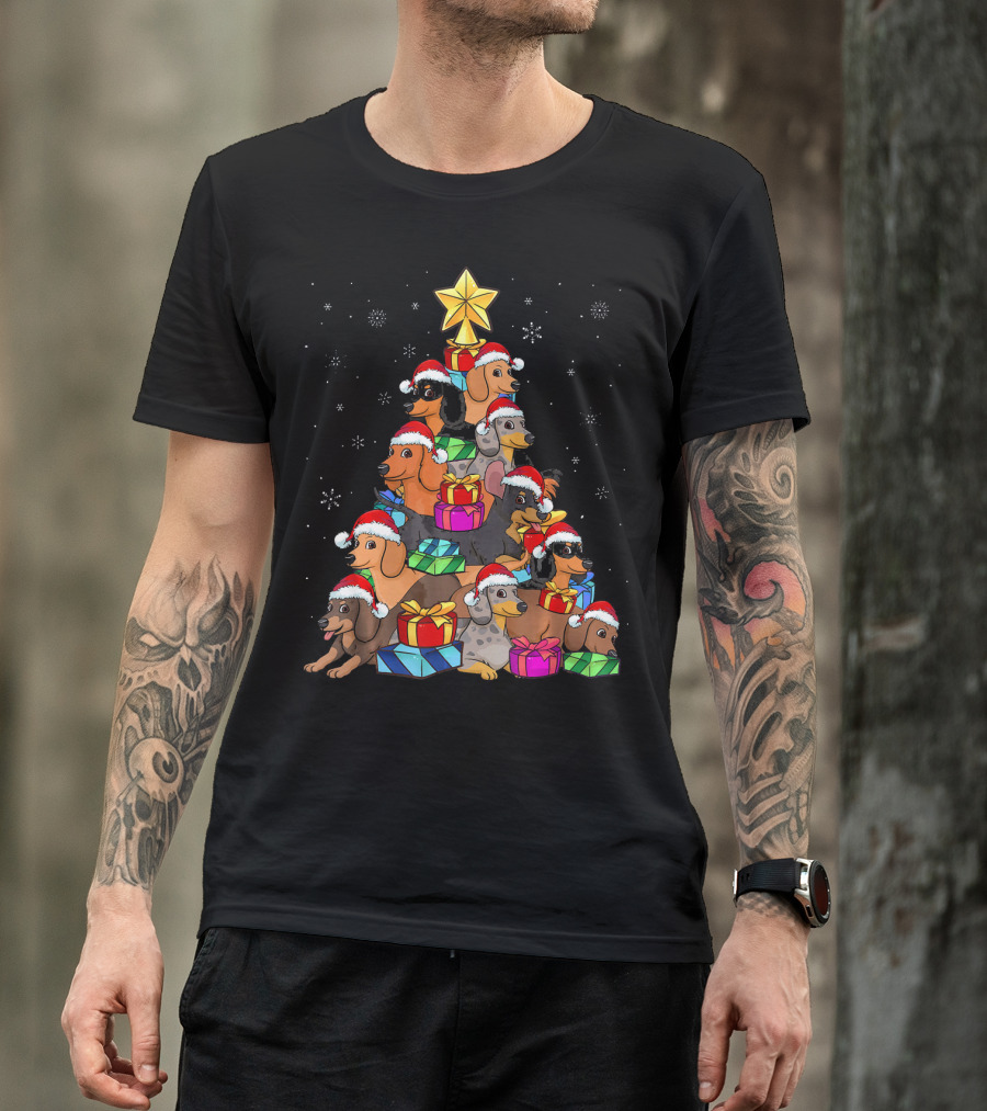Dachshund Christmas Tree With Santa Hats And Gifts In Snowfall T-Shirt