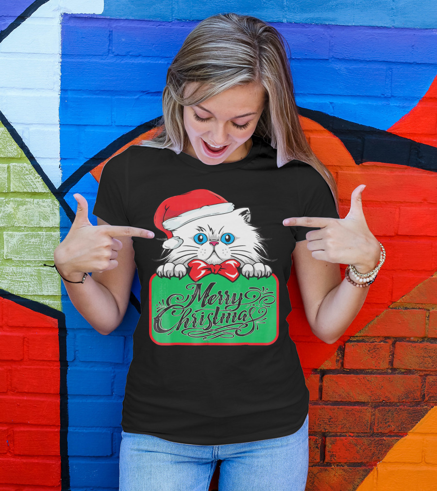 Merry Christmas Cute Cat With Santa Hat And Bow Tie T-Shirt