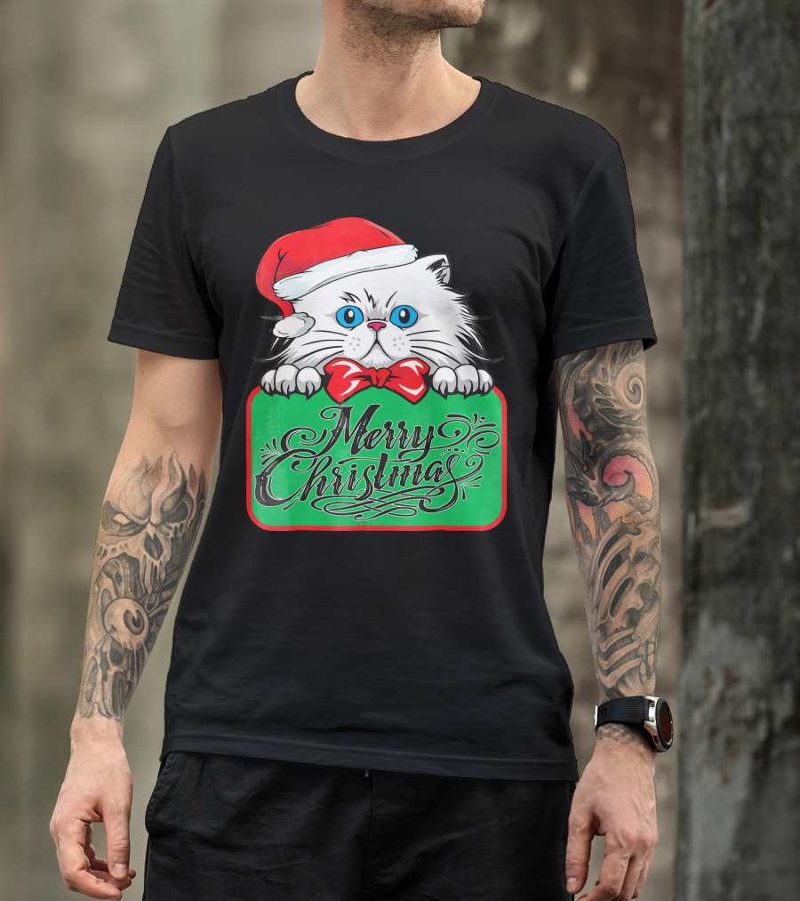 Merry Christmas Cute Cat With Santa Hat And Bow Tie T-Shirt