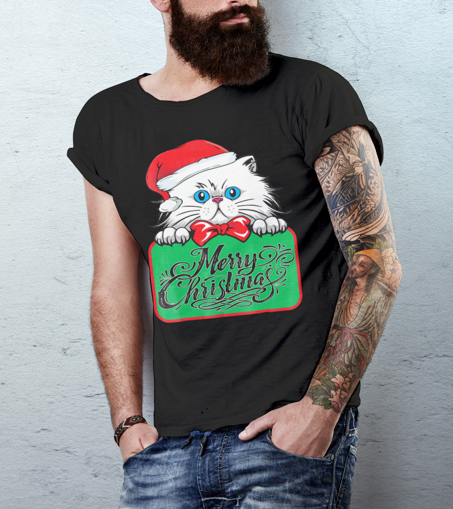 Merry Christmas Cute Cat With Santa Hat And Bow Tie T-Shirt