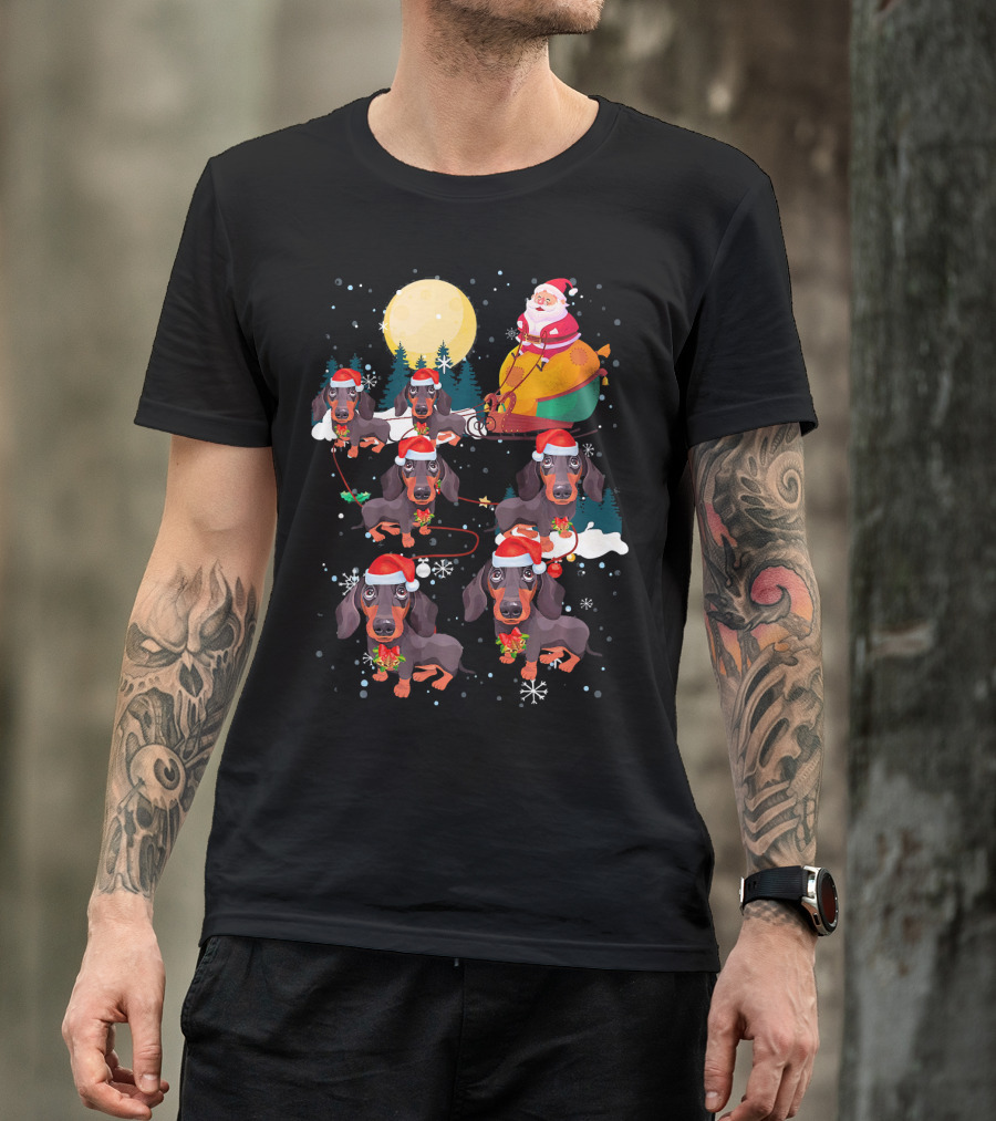 Santa Riding Sleigh With Dachshund Reindeer Under Full Moon T-Shirt