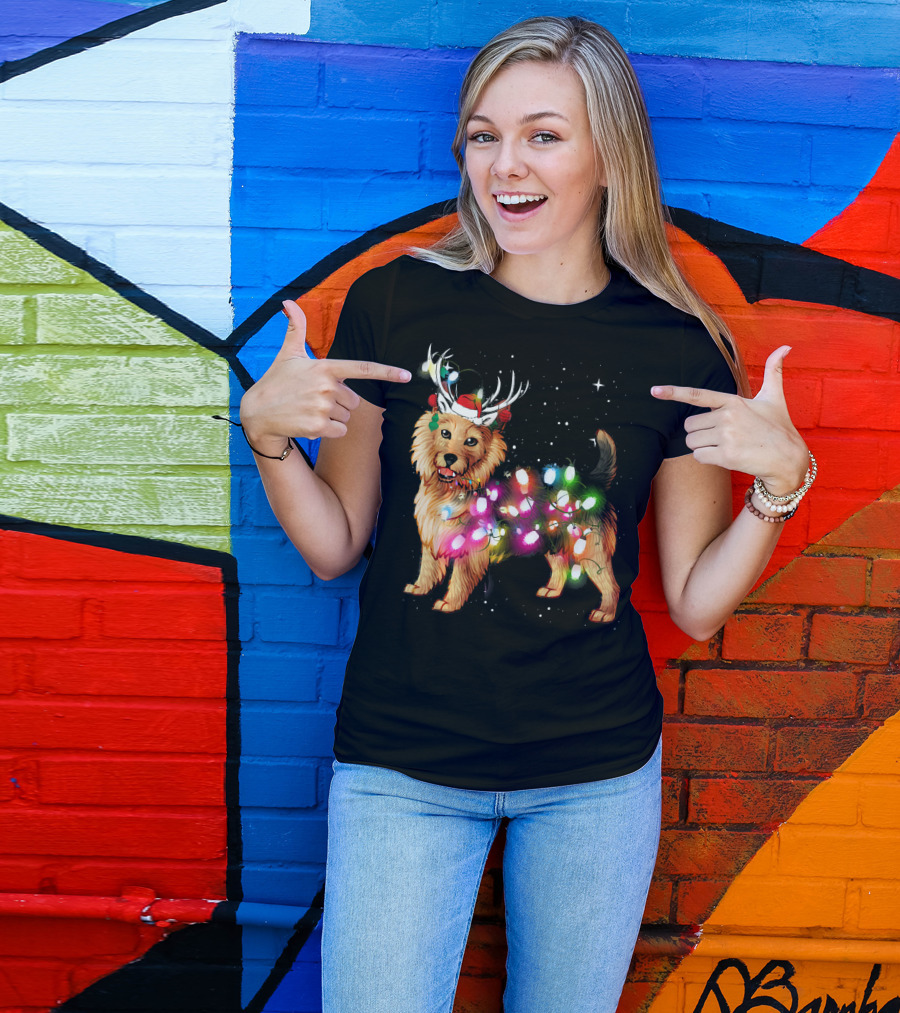 Australian Terrier With Christmas Lights And Reindeer Antlers T-Shirt