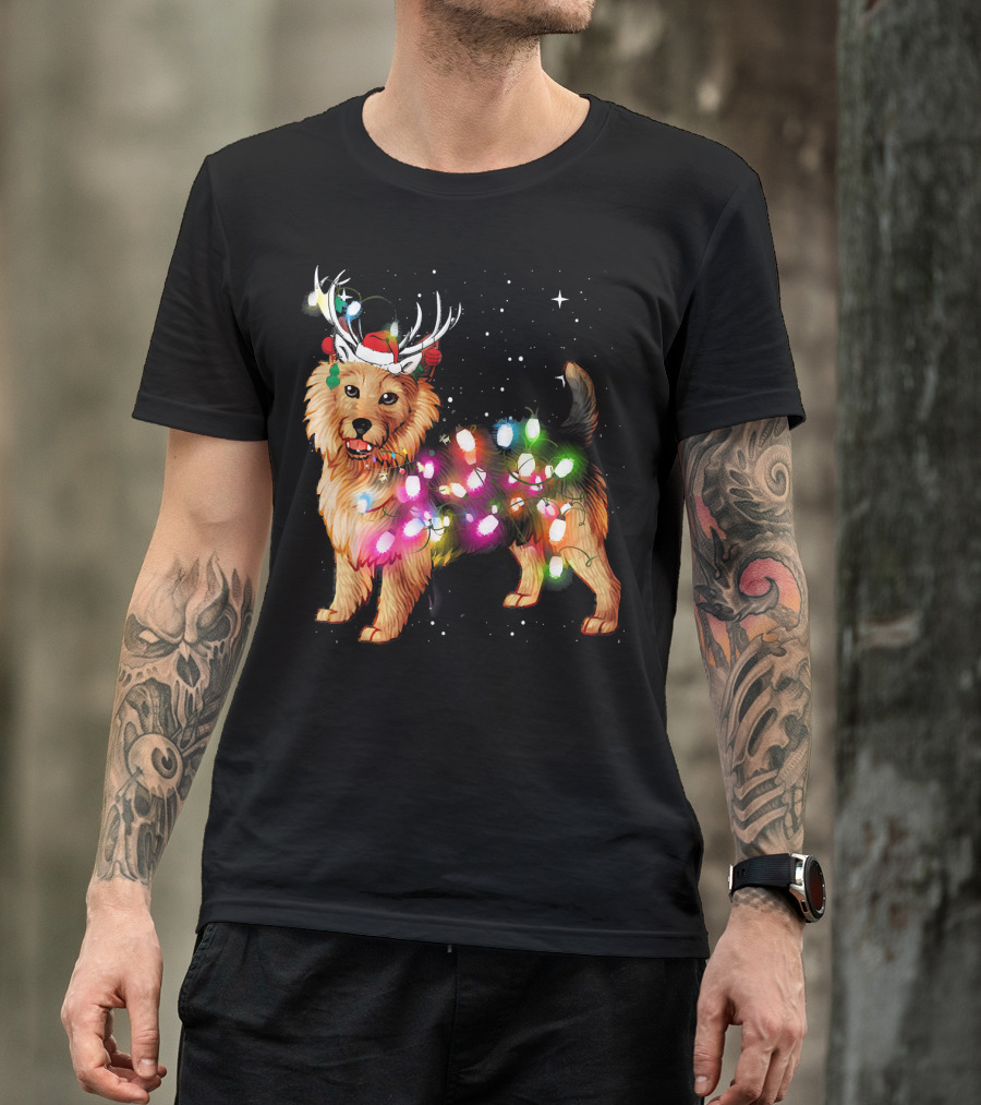Australian Terrier With Christmas Lights And Reindeer Antlers T-Shirt