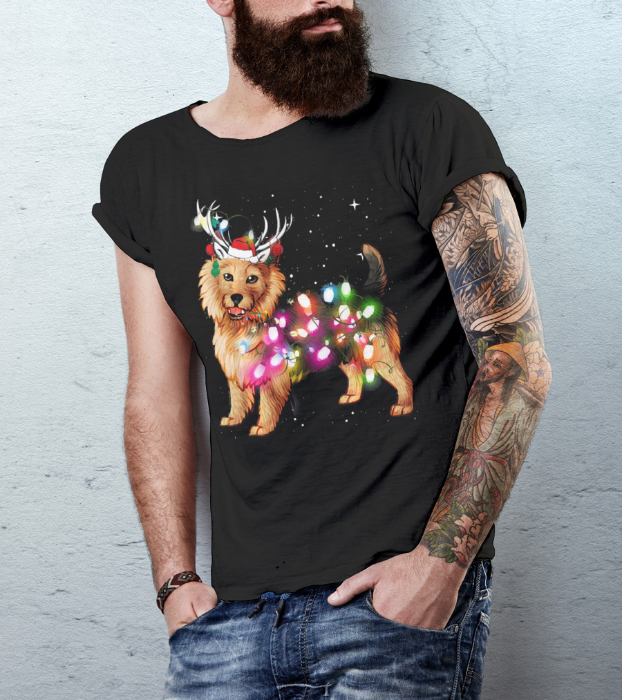 Australian Terrier With Christmas Lights And Reindeer Antlers T-Shirt