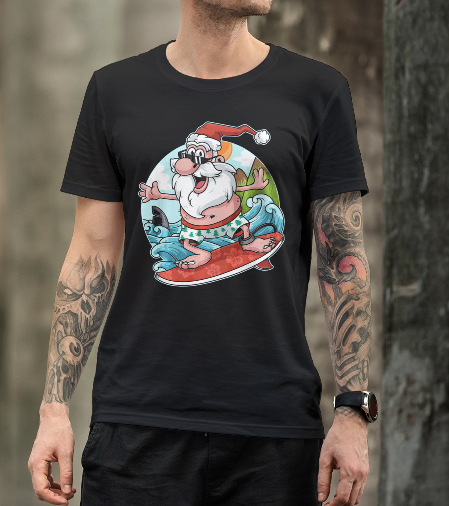 Surfing Santa Riding Waves Christmas In July Tropical Fun T-Shirt