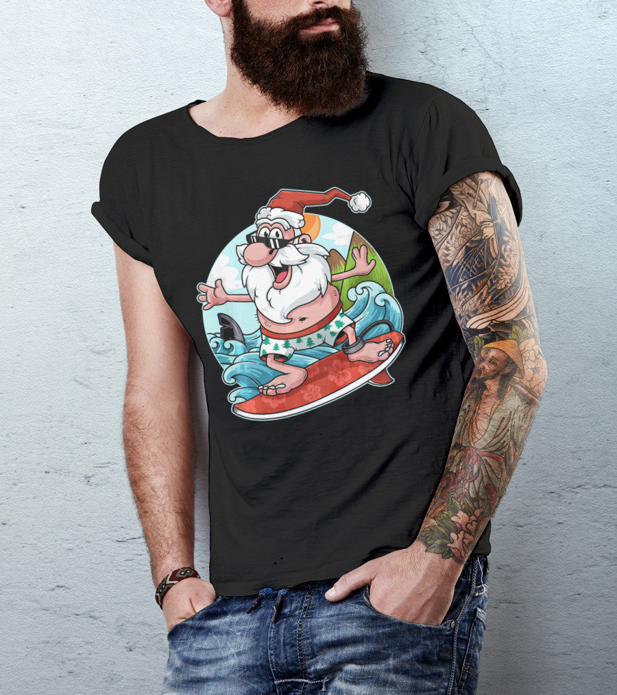 Surfing Santa Riding Waves Christmas In July Tropical Fun T-Shirt