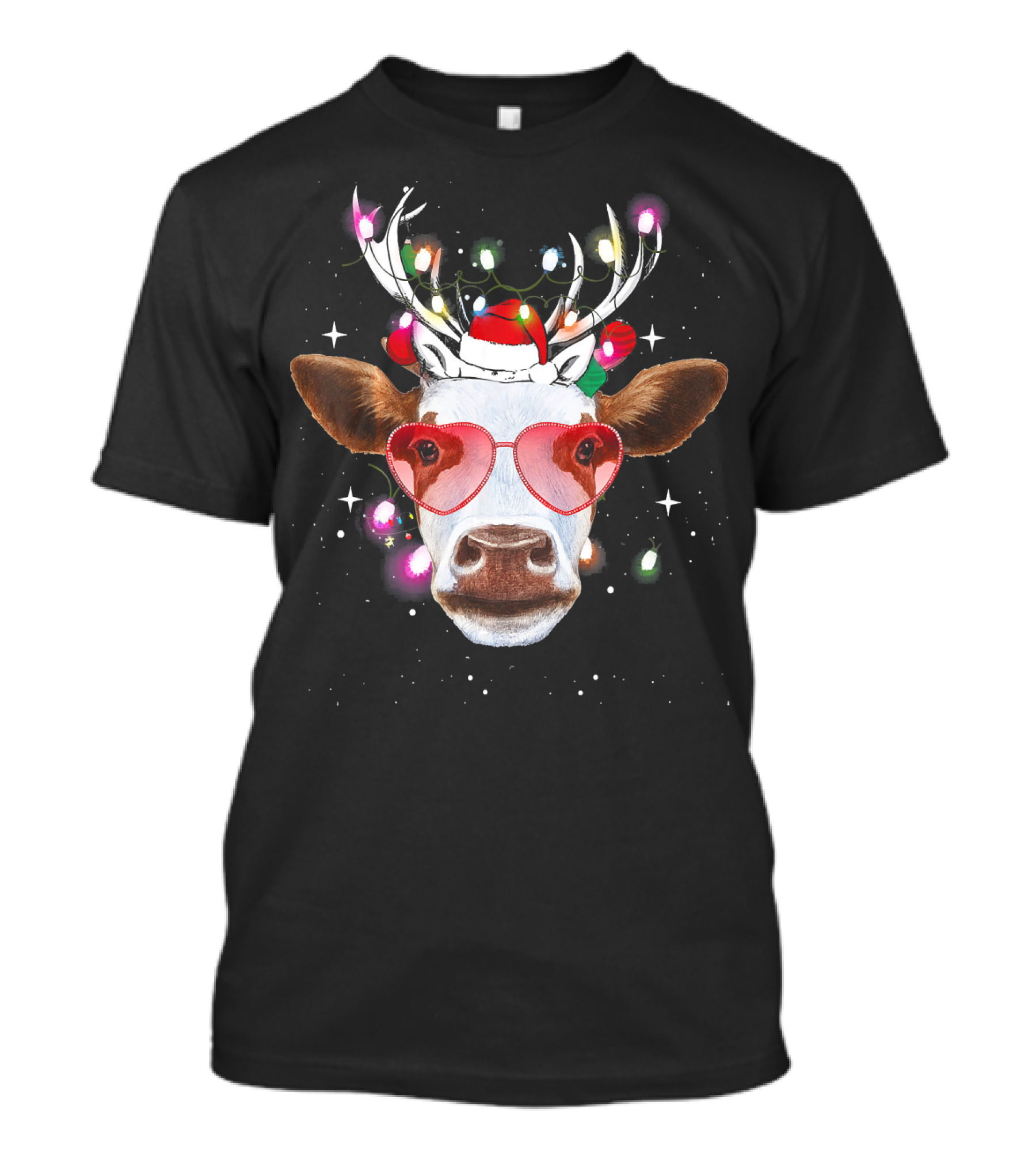 Cow With Antlers Heart Glasses And Christmas Lights T-Shirt