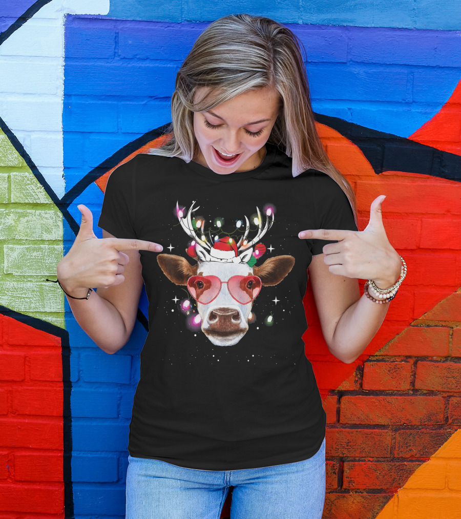Cow With Antlers Heart Glasses And Christmas Lights T-Shirt