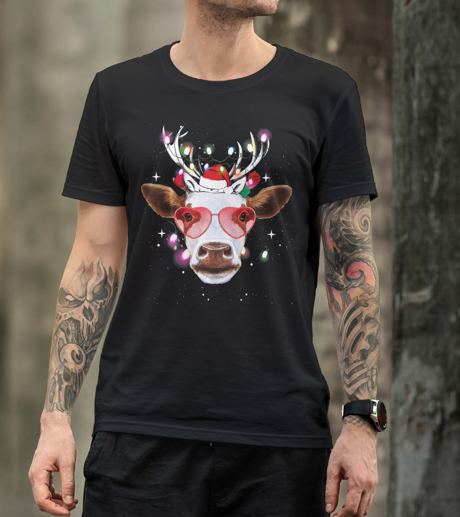 Cow With Antlers Heart Glasses And Christmas Lights T-Shirt