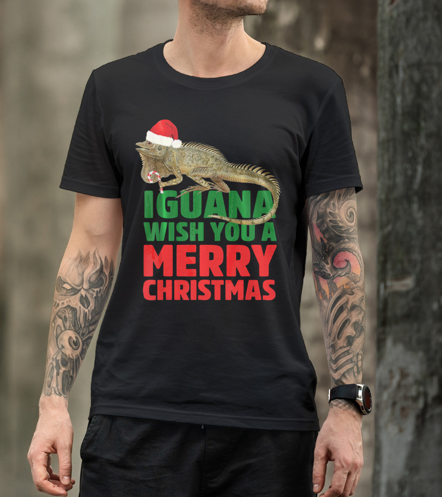 Iguana Wish You A Merry Christmas Santa Hat Candy Cane T-Shirt