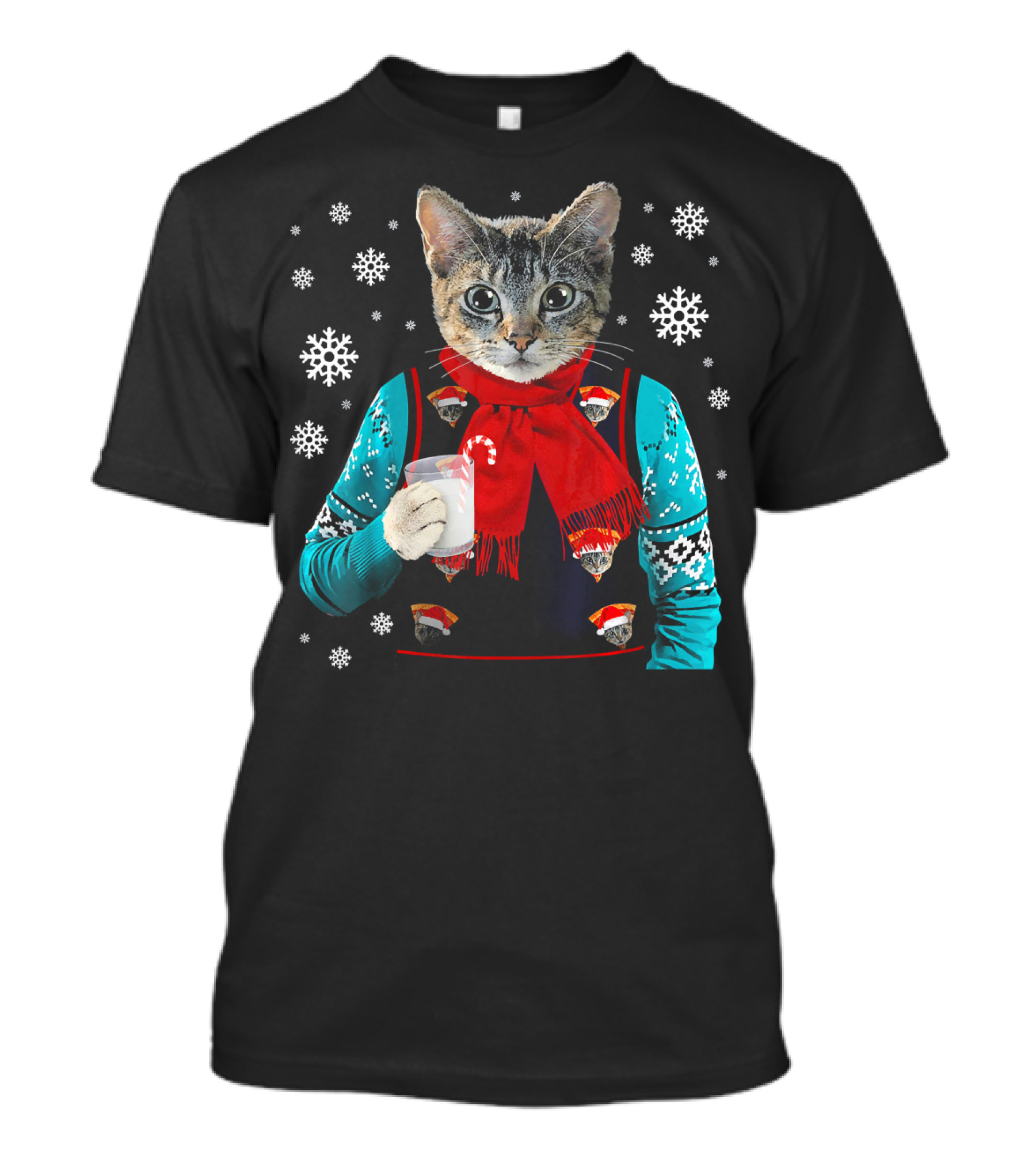 Hipster Cat Wearing Festive Sweater With Red Scarf And Holding Milk T-Shirt