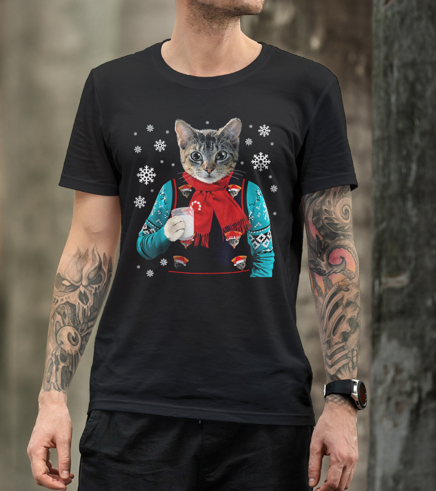 Hipster Cat Wearing Festive Sweater With Red Scarf And Holding Milk T-Shirt