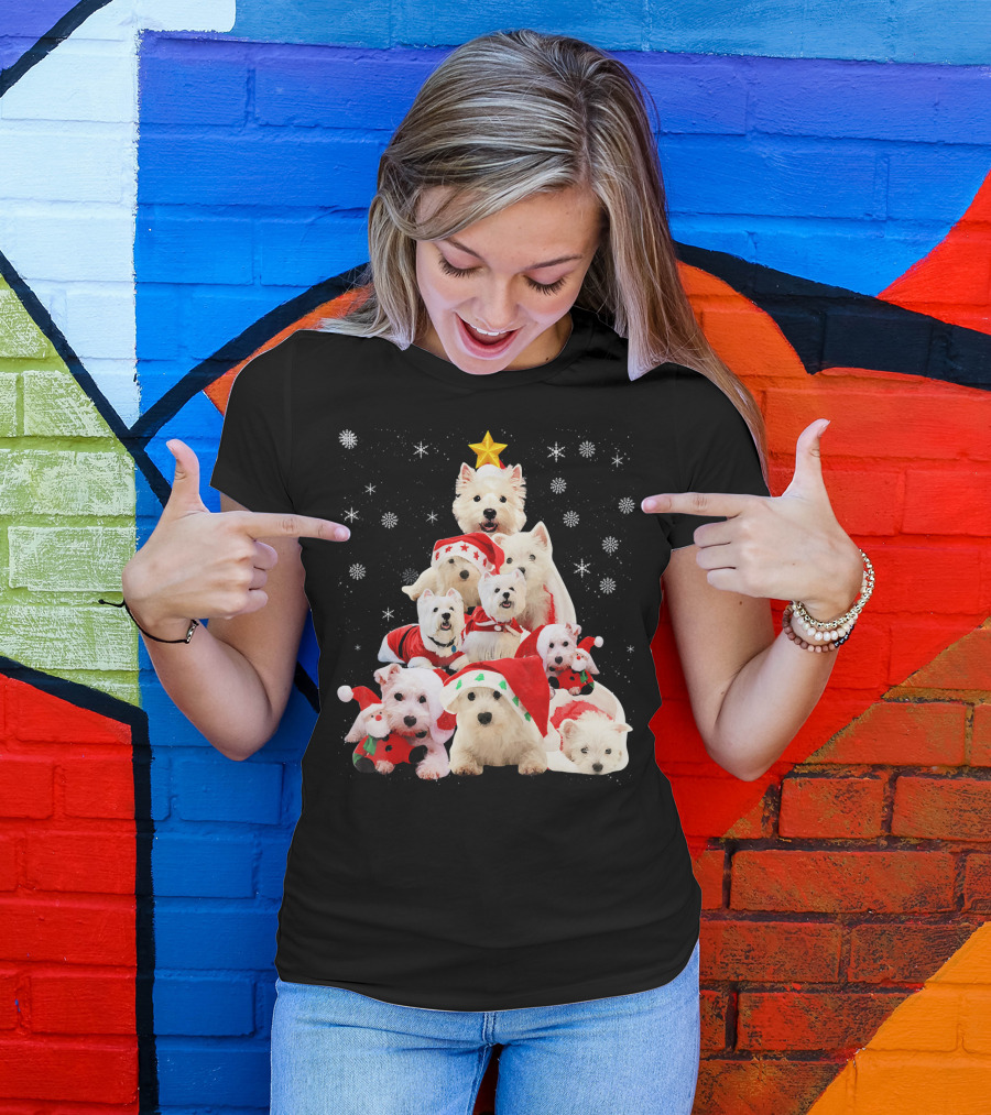 Westie Dogs In Holiday Hats Forming Christmas Tree With Snowflakes And Star T-Shirt